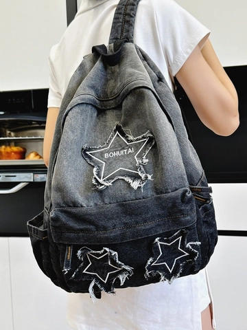 Women Large Capacity Denim Backpack Korean Style Vintage Gradient Star Patchwork School Bag Casual Fashion Travel Backpack