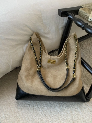 Damen Gesteppte Wildleder PU Leder Tote Bag Große Kapazität Kette Schultertasche Vintage Hobo Handtasche Retro Ziernaht Tasche Schloss