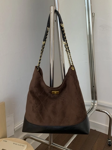 Damen Gesteppte Wildleder PU Leder Tote Bag Große Kapazität Kette Schultertasche Vintage Hobo Handtasche Retro Ziernaht Tasche Schloss