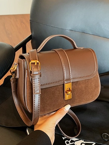 Sac Bandoulière Femme Vintage en Cuir PU Patchwork Petit Sac Carré avec Serrure en Métal Bandoulière Réglable Sac à Main