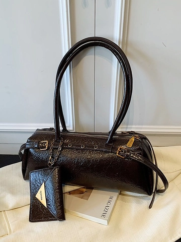 Vintage Women Underarm Bag Glossy PU Leather Baguette Shoulder Bag Retro Metal Buckle Decor Handbag With Small Coin Purse