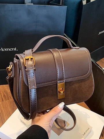 Sac Bandoulière Femme Vintage en Cuir PU Patchwork Petit Sac Carré avec Serrure en Métal Bandoulière Réglable Sac à Main