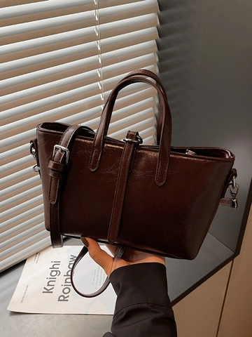 Damen Retro PU-Leder Tragetasche Hochglanz Ölwachs Handtasche Mit Verstellbarem Schultergurt Elegante Umhängetasche