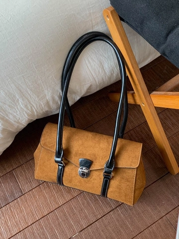 Borsa a Tracolla Minimalista Retrò da Donna in Pelle PU Scamosciata Borsa Sottobraccio Con Fibbia in Metallo e Cuciture a Contrasto