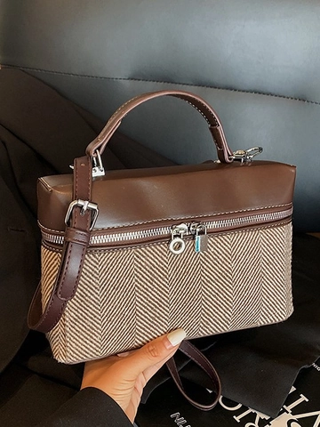 Vintage Geteilt Fischgräten Tweed PU Leder Umhängetasche Für Damen Retro Quadratische Box Handtasche Schultertasche Modisch