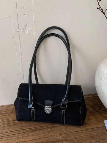 Borsa a Tracolla Minimalista Retrò da Donna in Pelle PU Scamosciata Borsa Sottobraccio Con Fibbia in Metallo e Cuciture a Contrasto