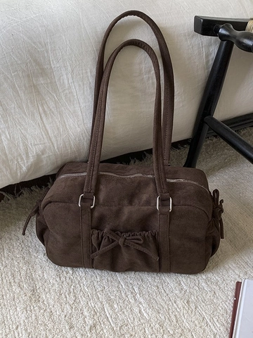 Sac à Épaule Vintage pour Femmes en PU Aspect Daim Grande Capacité Nœud Papillon Sac sous le Bras Retro Bowling