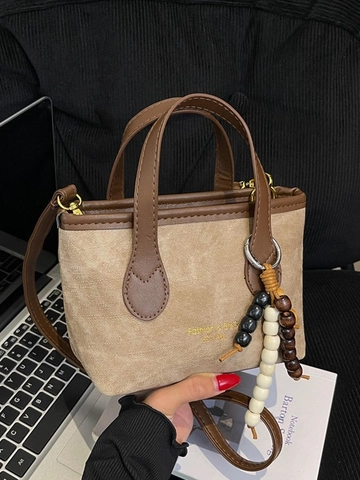 Bolso de Cubo de Cuero PU Retro para Mujer Color de Contraste Cosido Mini Bolso de Mano Con Encanto de Cuentas Bolso