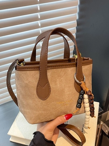 Bolso de Cubo de Cuero PU Retro para Mujer Color de Contraste Cosido Mini Bolso de Mano Con Encanto de Cuentas Bolso