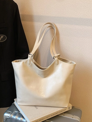 Large Capacity PU Leather Tote Bag For Women Fashion High Texture Solid Color Shoulder Bag Versatile Daily Commute Bucket Bag