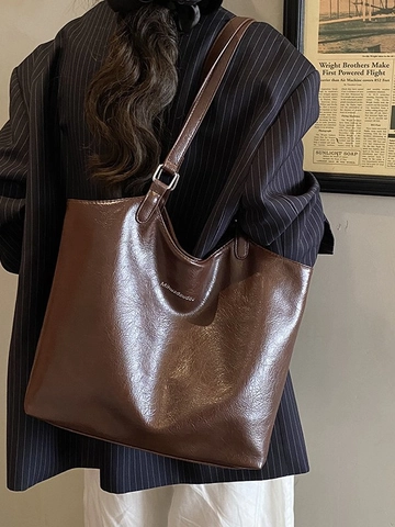 Large Capacity PU Leather Tote Bag For Women Fashion High Texture Solid Color Shoulder Bag Versatile Daily Commute Bucket Bag