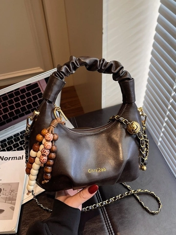 Women Fashion Pleated Cloud Bag PU Leather Shoulder Bag With Wood Bead Pendant Chain Strap Trendy Solid Color Hobo Bag