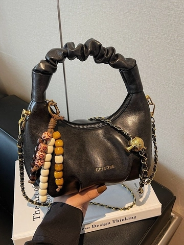 Women Fashion Pleated Cloud Bag PU Leather Shoulder Bag With Wood Bead Pendant Chain Strap Trendy Solid Color Hobo Bag