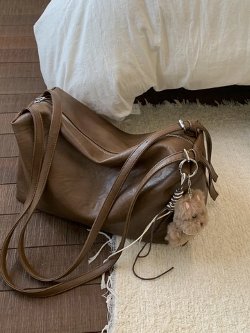Damen Retro PU Leder Tragetasche Große Kapazität Urban Simple Reißverschluss Umhängetasche Mit Plüschbär Anhänger Mode Handtasche