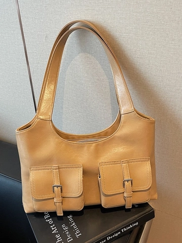 Damen Vintage PU Leder Schultertasche Große Kapazität Achselhöhle Tote Mit Doppel Fronttaschen Schnalle Dekor Pendler Handtasche