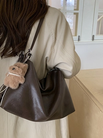 Damen Retro PU Leder Tragetasche Große Kapazität Urban Simple Reißverschluss Umhängetasche Mit Plüschbär Anhänger Mode Handtasche