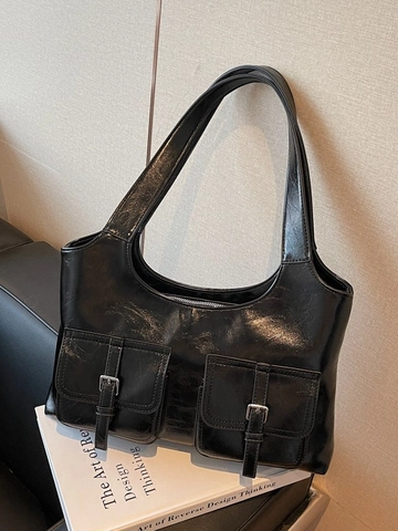 Damen Vintage PU Leder Schultertasche Große Kapazität Achselhöhle Tote Mit Doppel Fronttaschen Schnalle Dekor Pendler Handtasche