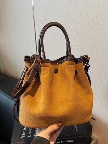 Dames Retro Suède Trekkoord Emmer Tas Minimalistisch Contrast Stiksel Handtas Mode Grote Capaciteit Schouder Crossbody Tas