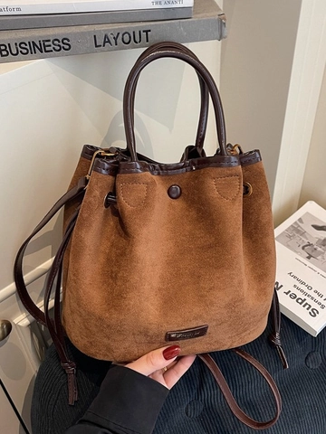Dames Retro Suède Trekkoord Emmer Tas Minimalistisch Contrast Stiksel Handtas Mode Grote Capaciteit Schouder Crossbody Tas