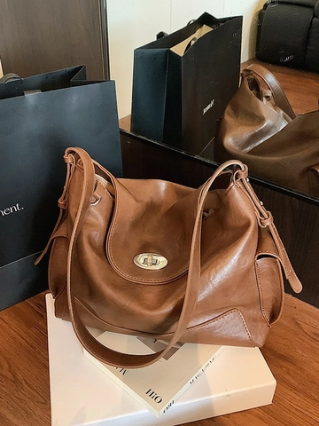 Vintage Große Kapazität PU Leder Shopper Für Damen Casual Pendler Umhängetasche Mit Metall-Drehverschluss Multi-Taschen Handtasche