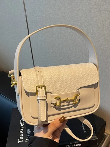 Vintage PU Leather Shoulder Bag With Woven Flap And Gold Horsebit Detail Retro Small Square Bag For Women Daily Work