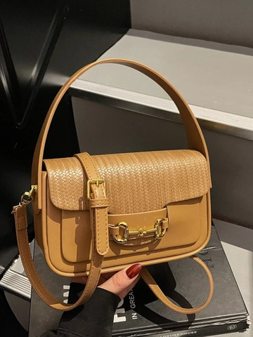 Vintage PU Leather Shoulder Bag With Woven Flap And Gold Horsebit Detail Retro Small Square Bag For Women Daily Work