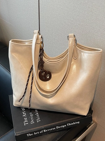 Sac Cabas Femme en Cuir PU Grande Capacité Style de Rue Navette Sac à Épaule Avec Pendentif Sac à Main Quotidien