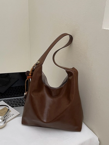 Große Kapazität PU Leder Tragetasche Für Damen Vintage Urban Minimalistisch Schultertasche Mit Quaste Anhänger Naht Detail