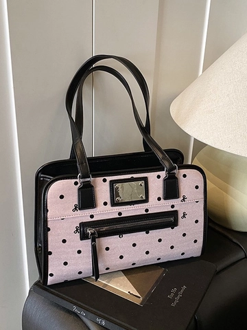 Women Vintage Polka Dot Tote Bag PU Leather Large Capacity Shoulder Bag With Ribbon Bow Prints Fashion Commuter Handbag