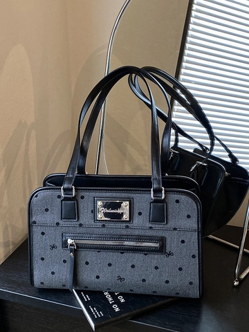 Women Vintage Polka Dot Tote Bag PU Leather Large Capacity Shoulder Bag With Ribbon Bow Prints Fashion Commuter Handbag