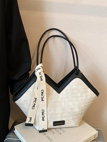 Große Kapazität Damen Gewebt PU Leder Tote Bag V-Form Öffnung Pendler Umhängetasche Mit Dekorativem Band Schal