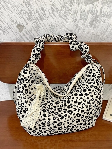 Fashion Leopard Print Canvas Tote Bag For Women Large Capacity Ruffled Handle Shoulder Crossbody Bag Casual Handbag