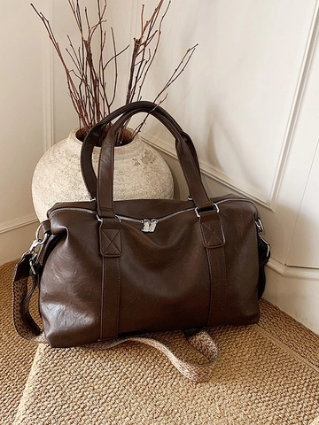 Women Retro Large Capacity PU Leather Tote Bag With Adjustable Patterned Wide Strap Casual Shoulder Crossbody Travel Bag