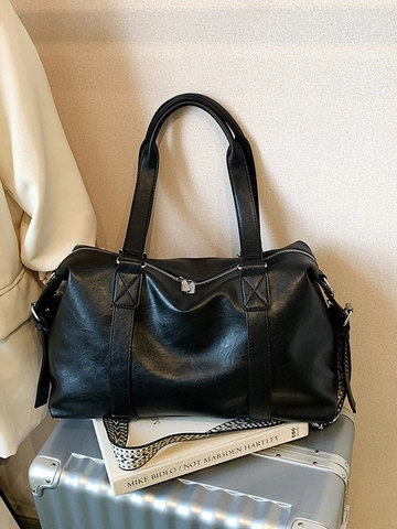 Women Retro Large Capacity PU Leather Tote Bag With Adjustable Patterned Wide Strap Casual Shoulder Crossbody Travel Bag