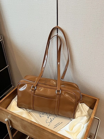 Borsa Tote da Donna Vintage in Pelle PU Lucida Grande Capacità Borsa a Tracolla Minimalista da Pendolare Boston Handbag