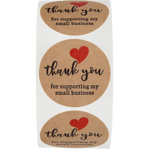 Natural Kraft Paper Thank You Stickers With Red Heart Round Adhesive Labels For Small Business Baking Gift Packaging