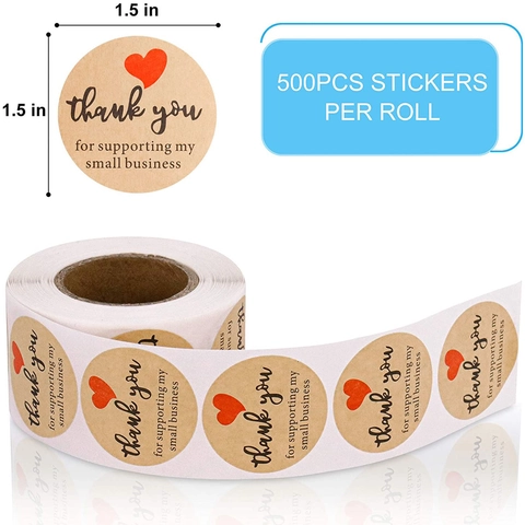 Natural Kraft Paper Thank You Stickers With Red Heart Round Adhesive Labels For Small Business Baking Gift Packaging