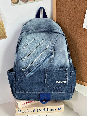 Vintage Gradient Denim Rucksack Für Damen Große Kapazität Gewaschener Multi Pocket Schultasche Casual Streetwear Reiserucksack