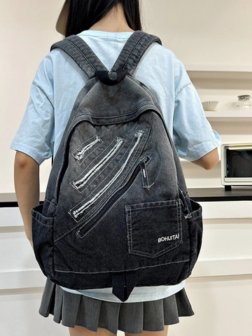 Vintage Gradient Denim Rucksack Für Damen Große Kapazität Gewaschener Multi Pocket Schultasche Casual Streetwear Reiserucksack