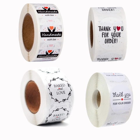 Rotolo di Adesivi Sigillanti Circolari Con Motivi a Cuore Floreale Thank You Handmade Baked With Love Per Imballaggio