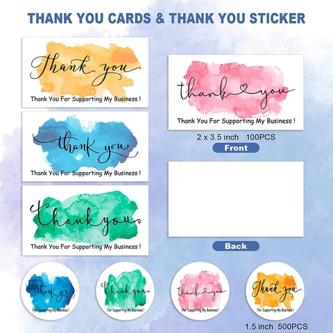 Watercolor Thank You Cards And Roll Sticker Labels For Small Business Supporting Packaging Gratitude Decorative Stationery Multicolor Mixed Tags