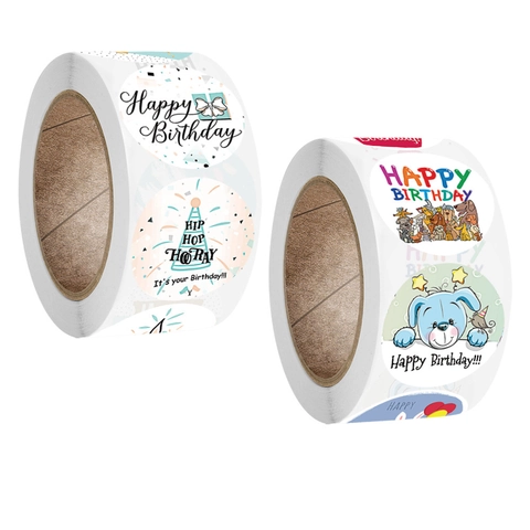 Happy Birthday Round Adhesive Stickers Roll For Gift Sealing Cartoon Animal Party Decorative Labels Office Stationery