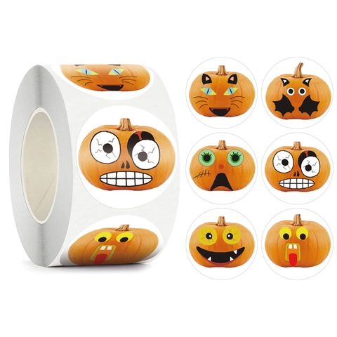 Halloween Cartoon Kürbis Gesicht Dekorative Aufkleber Rolle Für Party Geschenkverpackung Happy Halloween Runde Haftetiketten
