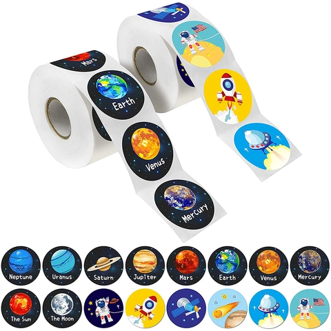 Rouleau d'Autocollants de Récompense Planètes du Système Solaire pour Enfants Dessin Animé Espace Astronaute Fusée Étiquettes Scolaires