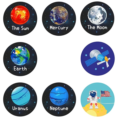 Rouleau d'Autocollants de Récompense Planètes du Système Solaire pour Enfants Dessin Animé Espace Astronaute Fusée Étiquettes Scolaires