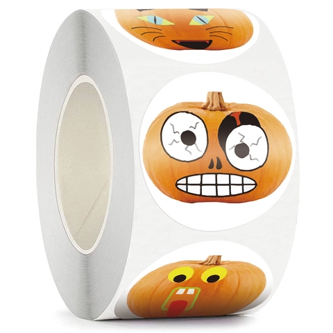 Halloween Cartoon Pumpkin Face Decorative Stickers Roll For Party Gift Packaging Happy Halloween Round Adhesive Labels