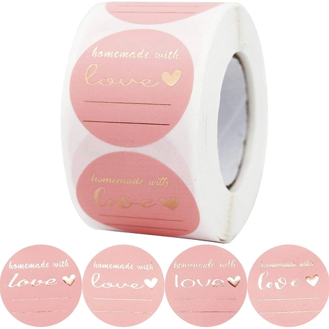 Adesivi Homemade With Love 1.5 Pollici Etichette Rotonde in Lamina d'Oro Per Imballaggio Regalo Panetteria Rosa Blu Rotolo