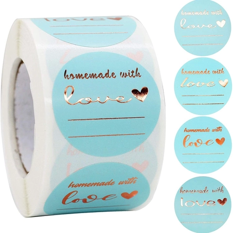 Adesivi Homemade With Love 1.5 Pollici Etichette Rotonde in Lamina d'Oro Per Imballaggio Regalo Panetteria Rosa Blu Rotolo