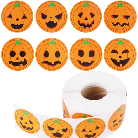 500 Blatt Halloween Kürbis Gesicht Rollenaufkleber Rund Orange Jack-O'-Lantern Haftetiketten Für Party Deko Geschenkverpackung