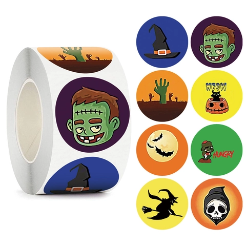 Pegatinas en Rollo Redondas de Dibujos Animados de Halloween Etiquetas Decorativas para Caja de Regalo Infantil Pegatinas para Scrapbooking DIY